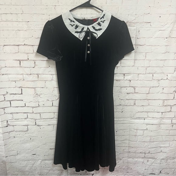 Hell Bunny Dresses & Skirts - Hell Bunny Graveyard Bats Wednesday Addams Collar Black Velvet Dress Goth Small
